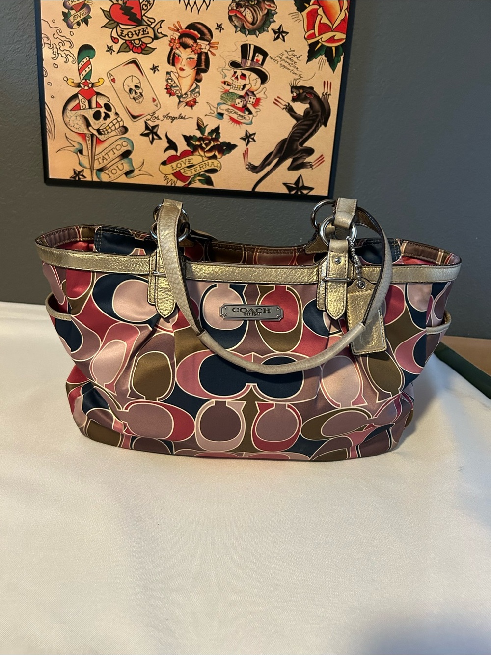 Vintage Coach Signature Scarf Sateen Gold Trim Bag 19464